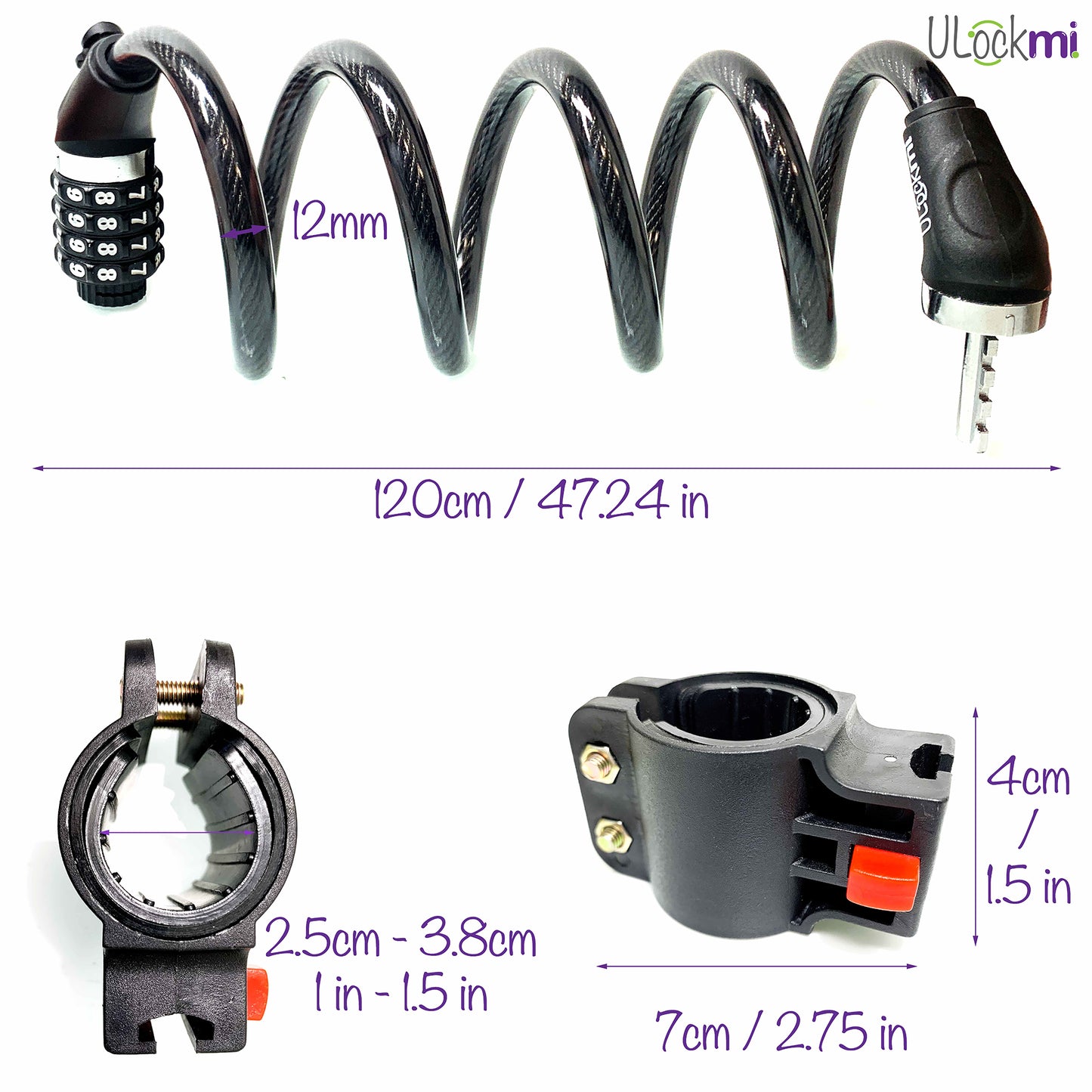 Ulockmi 4D Bike Lock: Secure and versatile. 4-digit combo, 120cm x 12mm cable. Ideal for bikes, scooters, and more.