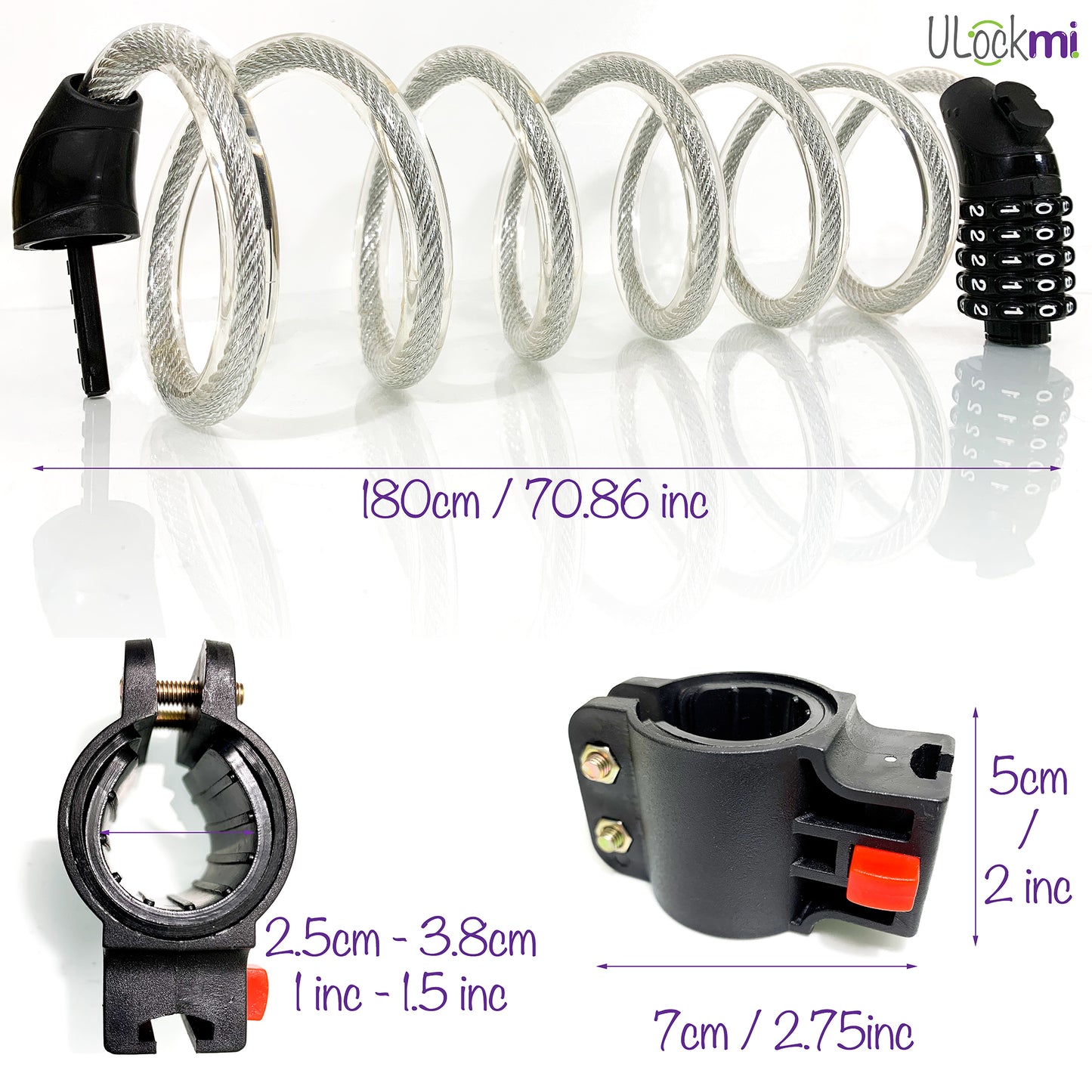 Ulockmi 5D Heavy-Duty Bike Lock: 180cm x 12mm Cable, Resettable Combination, Mounting Bracket