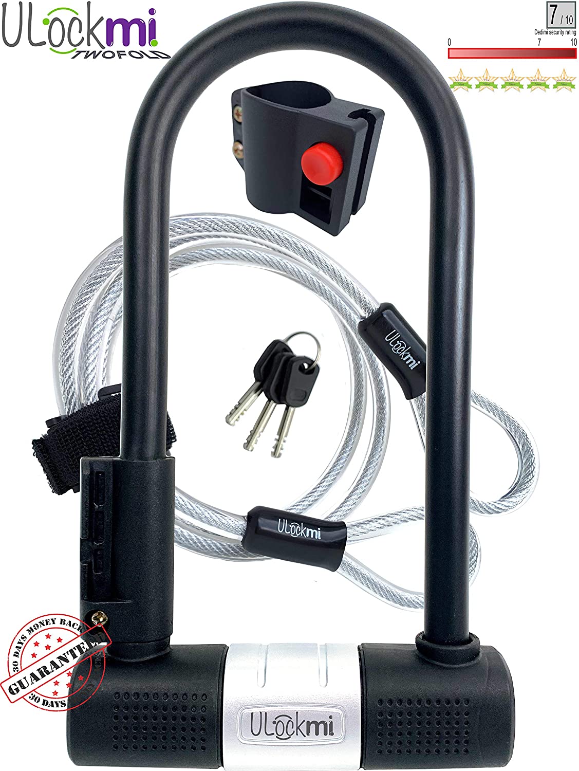 TWOFOLD Bike U lock with cable | Bike Lock graded SOLD SECURE GOLD | bicycle lock 14mm D shackle | 3 keys Mounting bracket | Ulock for bikes scooter electric folding mountain fixie bike